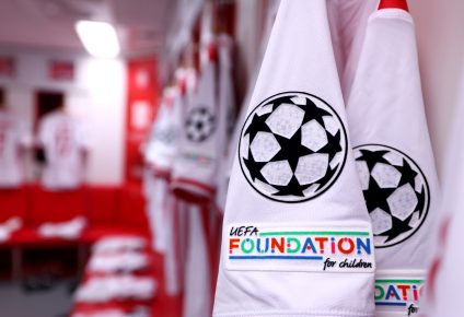 A detailed view of the UEFA badge on the sleeve of a match shirt inside the AS Monaco dressing room