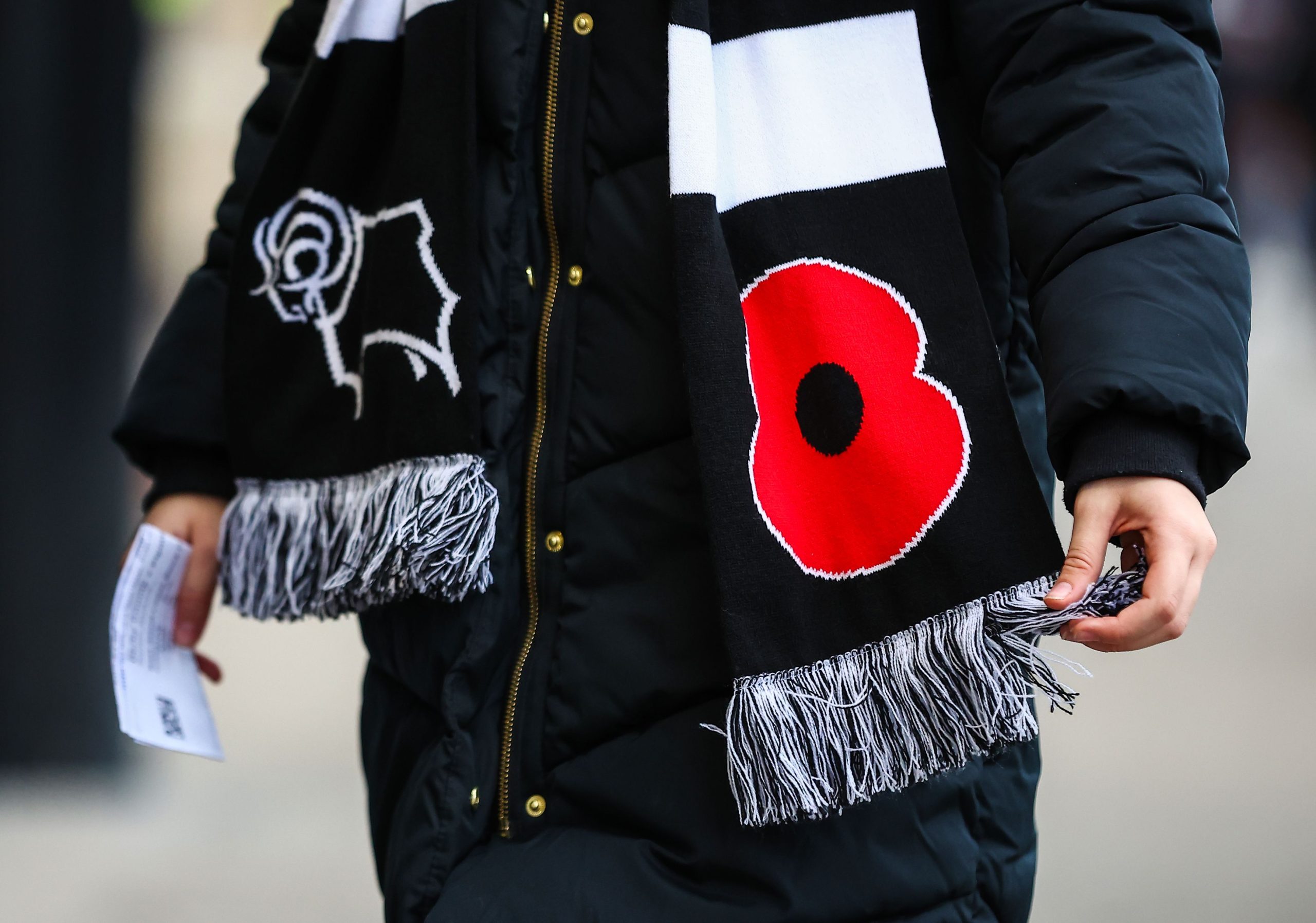 Image showing a dual branded Royal British Legion and Derby County scarf manufactured by ID UNLIMITED