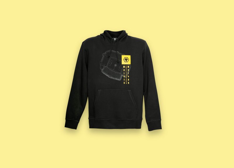 An image of a wolverhampton wanderers hoodie top manufactured by ID UNLIMITED, posed on a yellow background